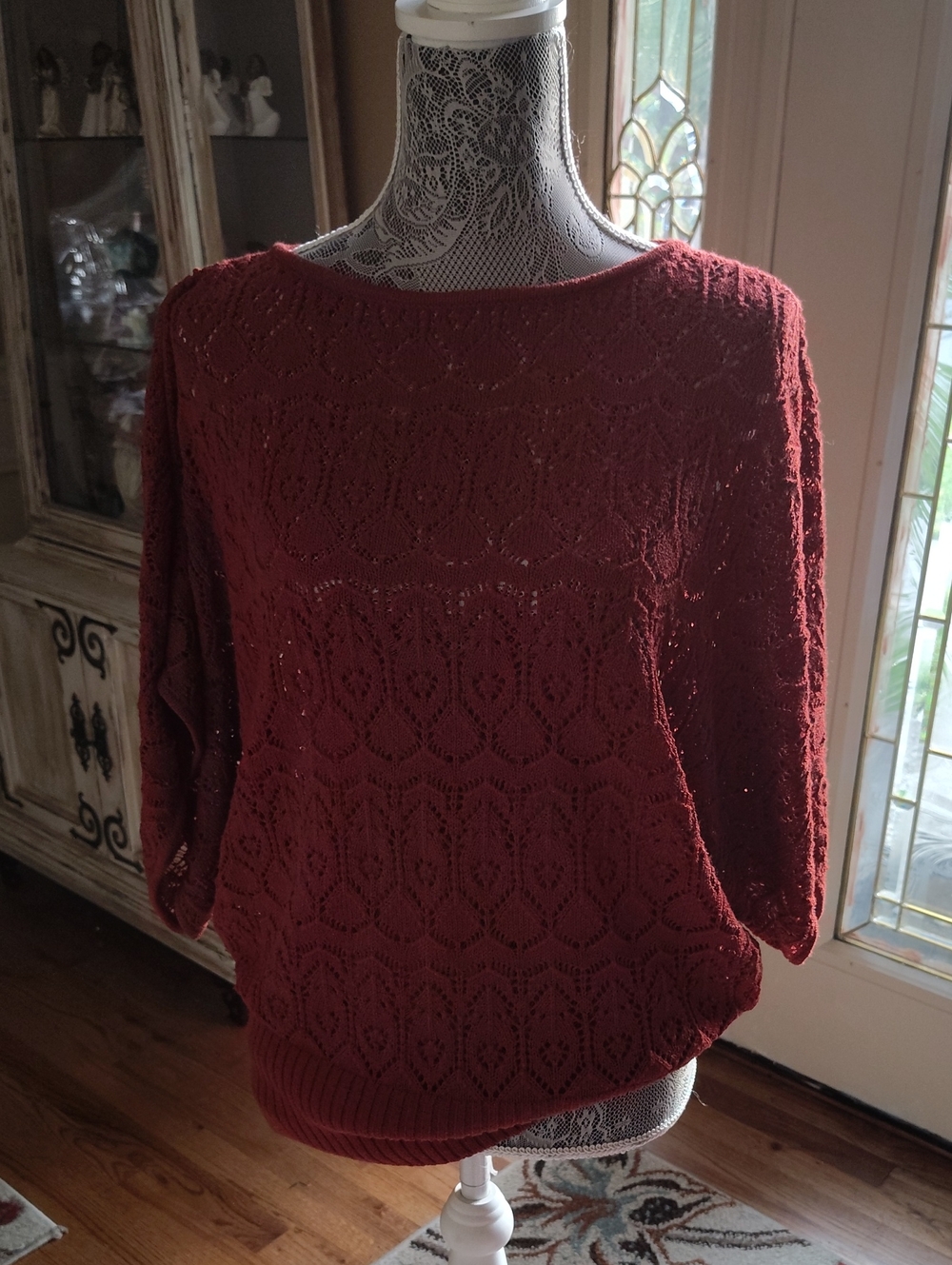 Vintage Josephine Chaus Open-Knit Boatneck Sweater in Deep Brick Red